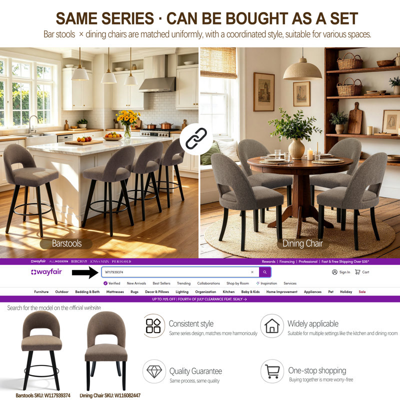 Linen Upholstered Dining Chairs with Curved High Back and Solid Wood Legs, Brown, Black