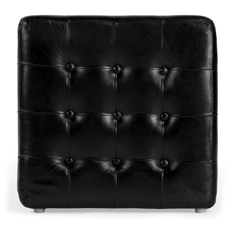 Leon Button Tufted Leather Ottoman, Black Genuine Leather