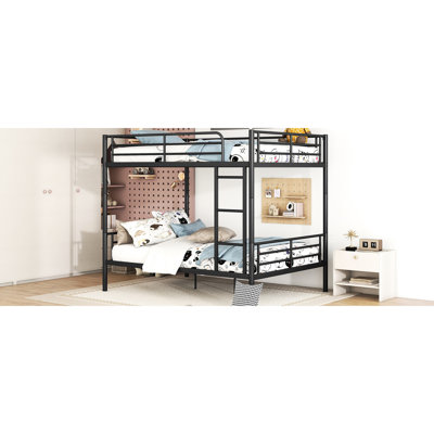 Lit double superposé au dessus d'un lit superposé en métal noir et élégant pour les adolescents, en fer stable