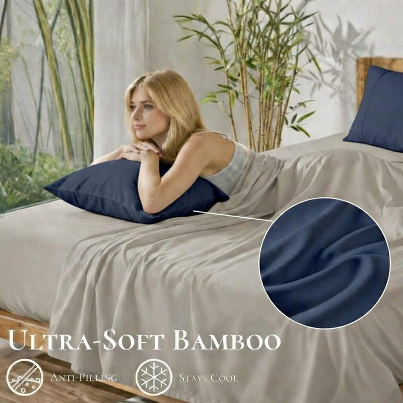 Ensemble de 2 taies d'oreiller rafraîchissantes en bambou - ultra douces et respirantes, Grand lit, Marine