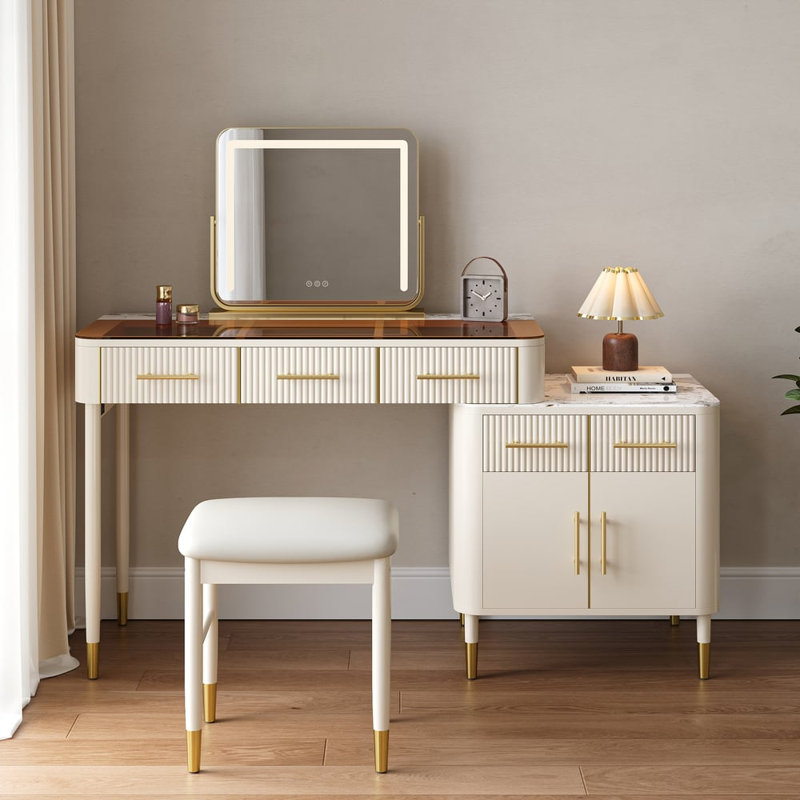 Ensemble coiffeuse et miroir en verre blanc, Blanc