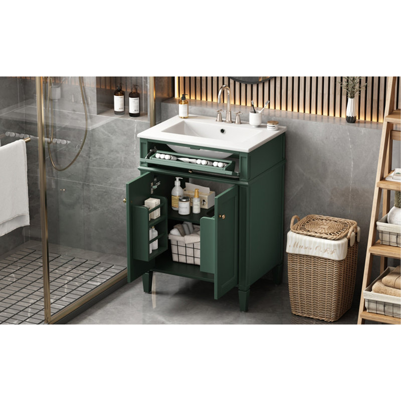 Meuble-lavabo 24 po avec 2 portes et tiroir escamotable, armoire de rangement de salle de bain avec lavabo, portes à fermeture en douceur avec organisateurs