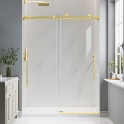 49"-54" W x 76" H Single Sliding Frameless Shower Door in Brushed Gold with 1/4" (6mm) Clear Tempered Glass, Aluminum Frame