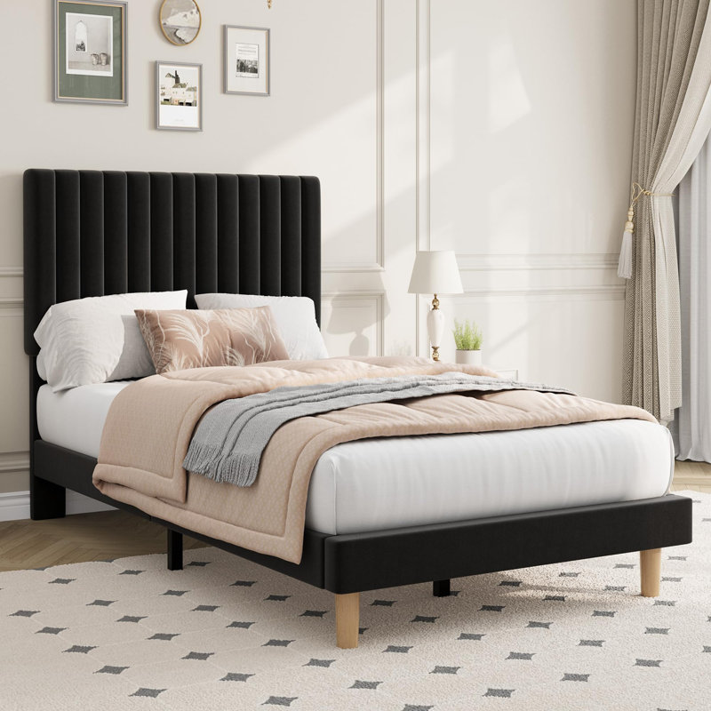 Structure de lit, structure de lit tapissier en velours avec tête de lit ajustable capitonnée à 3 niveaux, support de lattes en bois sans bruit, peut supporter jusqu'à 800 lb, aucun sommier nécessaire