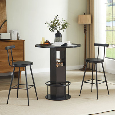 3-Piece Bar Table and Stool Set 31.5-inch round bar table with two stools Compact wooden dining bar with metal ring footrest Ideal for restaurants, cafes, bars, living rooms, and small spaces