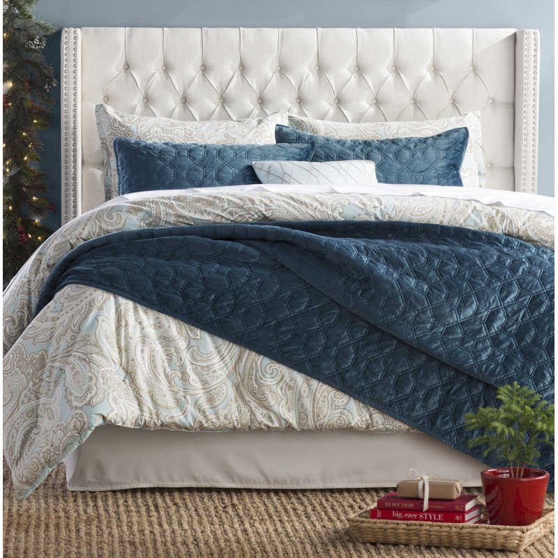  Ronan Cotton Paisley Comforter Set, Blue, Full/Queen Comforter + 2 Shams + 2 Throw Pillows