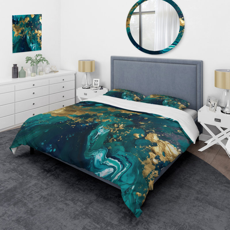 Ensemble de housse de couette en microfibre / polyester Teal and Gold, Housse de couette pour grand lit et 2 taies décor