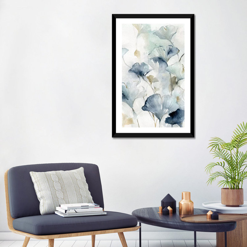" Indigo Gingko II " by Carol Robinson, 32" H x 24" W x 1" D, White, Black Framed Paper