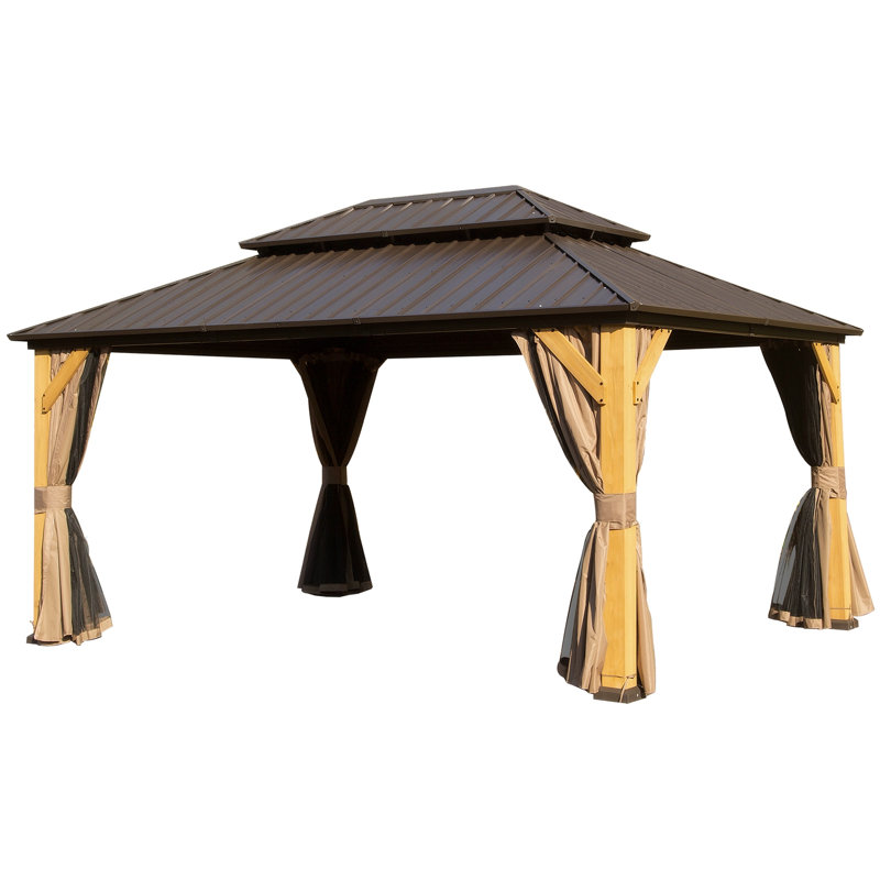 Cedar Wood Gazebo, Solid Wood Hardtop Gazebo With Galvanized Steel Double Roof, Netting & Curtains, Outdoor Gazebo For Patio, Backyard, Deck, Lawns