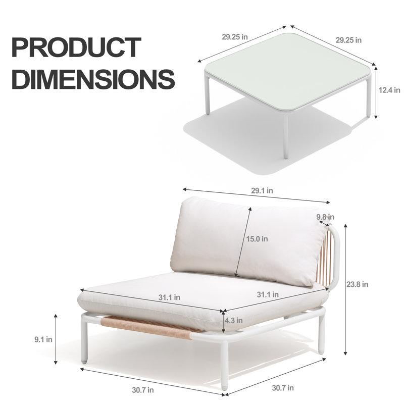 6-Person Metal Outdoor Patio Sectional with Table, Beige Cushion/White Frame