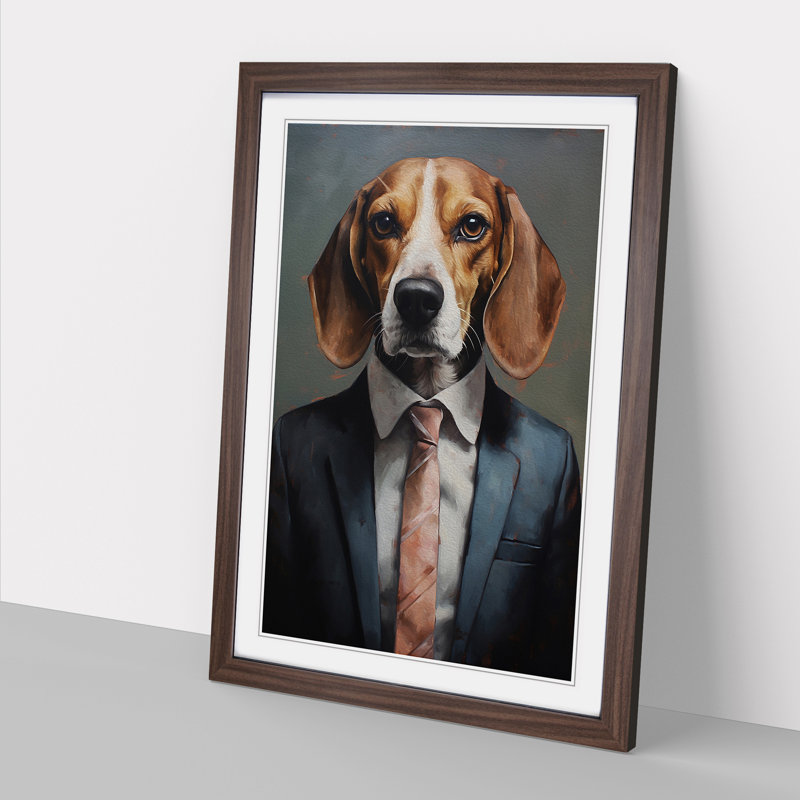 Beagle In A Suit Painting No.3 - Single Picture Frame Print on Wood, Walnut Framed, 64cm H x 46cm W x 2cm D