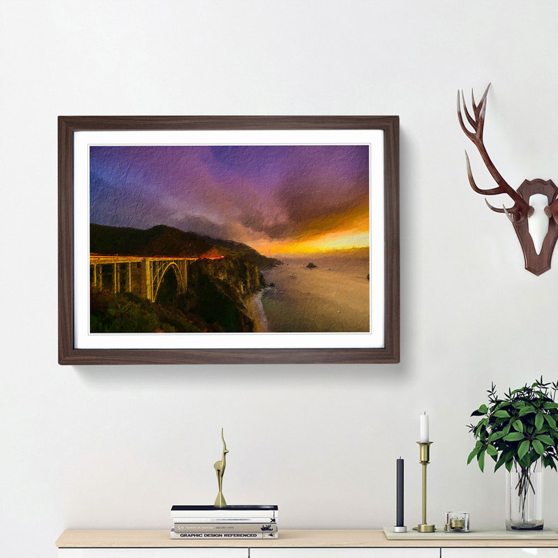 Bixby Bridge in California - Picture Frame Painting Print, 27cm H x 36cm W x 2cm D, Walnut Framed