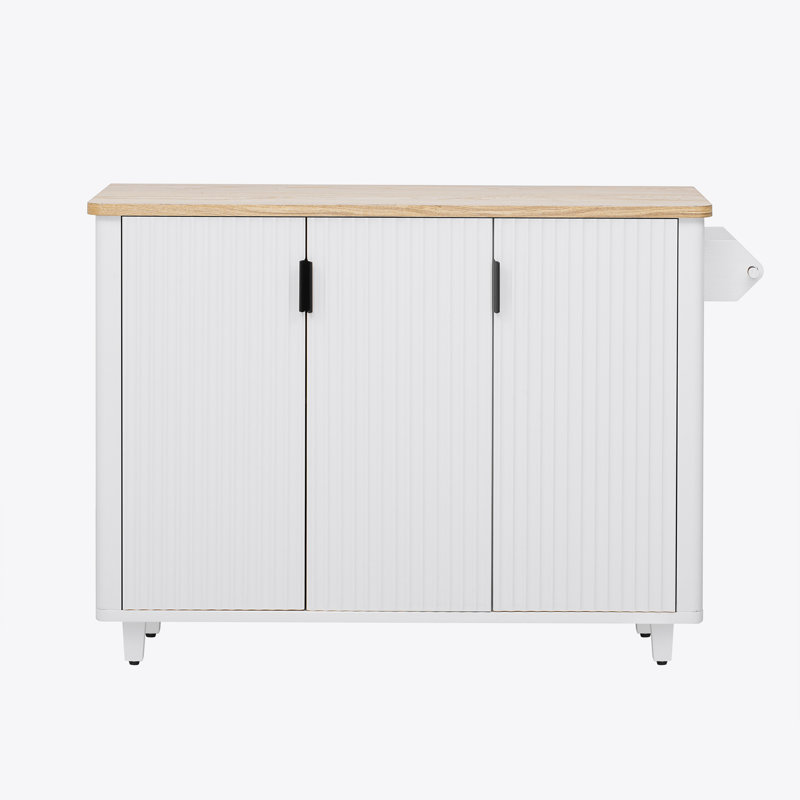 51" Fluted Kitchen Island with Drop Leaf, Farmhouse Accent Kitchen Island on Wheels with Internal Storage Rack, Rolling Kitchen Cart with Towel Rack for Kitchen, Dining Room