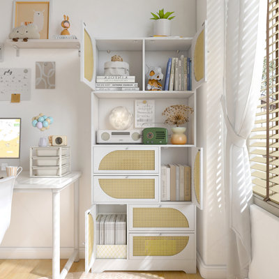 Storage Cabinet with Rattan Doors, Freestanding Hutch with Power Outlet, 4 Doors, 4 Drawers