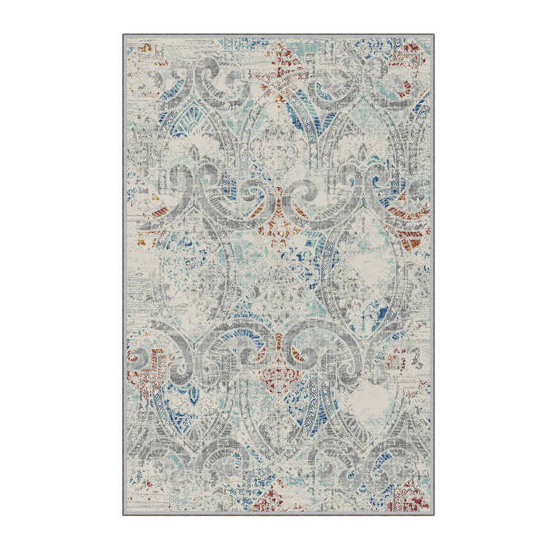 Tapis gris / bleu en polyester fabriqué à la machine Siena, Rectangle 3 pi 3 po x 4 pi 11 po