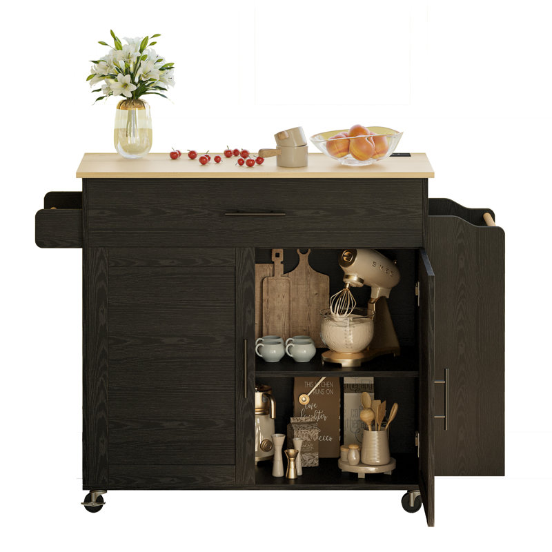 Rolling Kitchen Island with 2 Cabinets and 3-Position Adjustable Shelf, 35.4“ W x 15.3" D Storage Cart for Kitchen, Dining Room