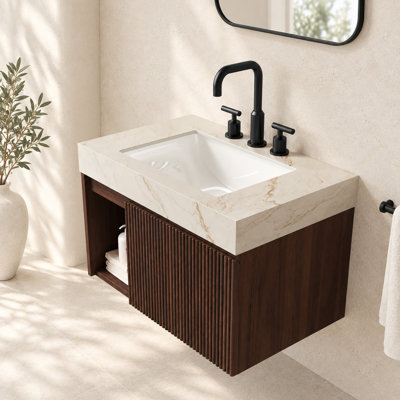 Meuble-lavabo suspendu simple EIDEN de 76 cm (30 po) en noyer avec comptoir en pierre frittée couleur crème veinée or