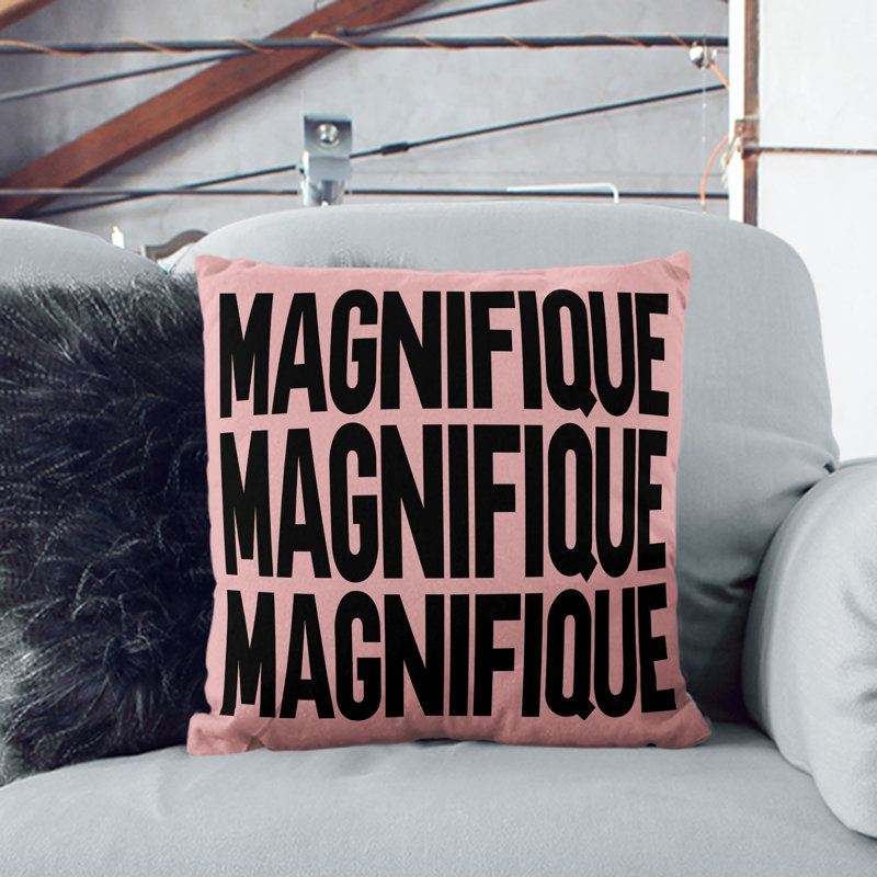 Magnifique Pink Typography Square Throw Cushion, Stone, 40cm H x 40cm W x 15cm D
