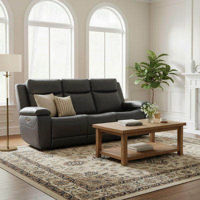 Kenol 88.2'' Wide Gray Genuine Leather Power Reclining Sofa with Adjustable Headrest