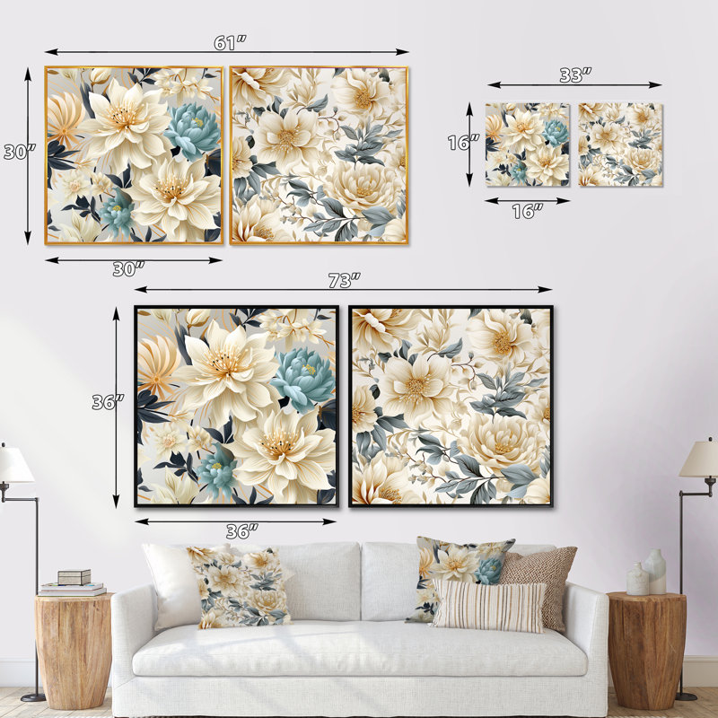 Capucine - Ensemble de 2 collages floraux carrés, Cadre flottant noir, H 30 po x l 61 po
