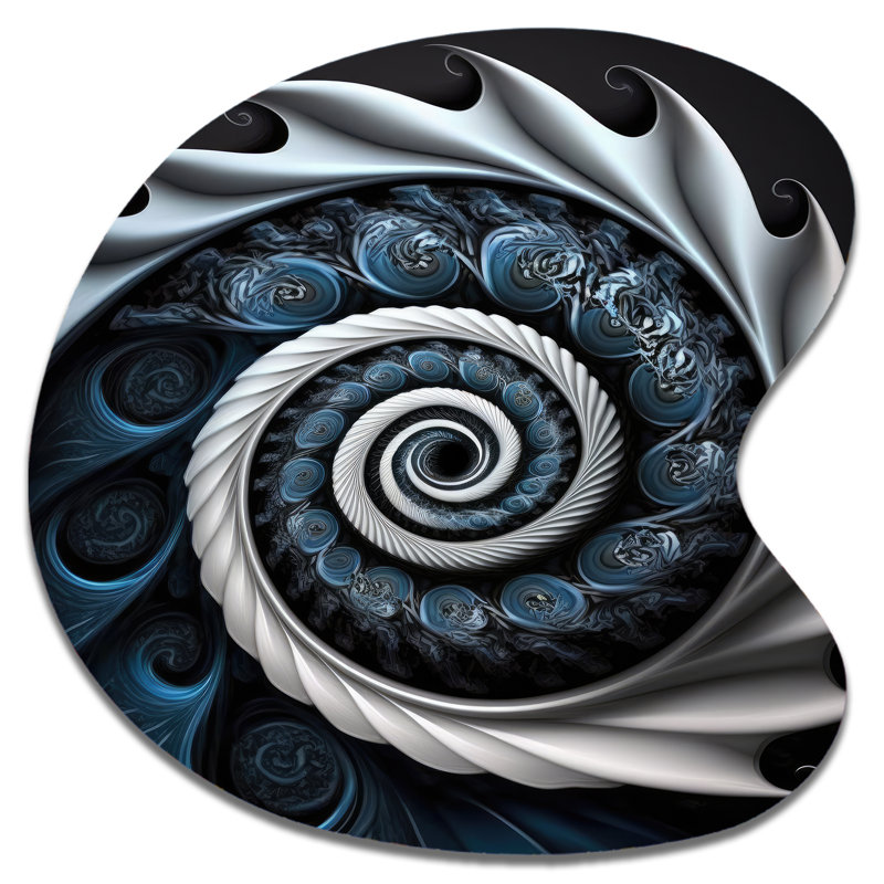 Bleu et blanc vitrail liquide II - art mural abstrait en spirale asymétrique, sculpture murale, H 27 po x l 27 po
