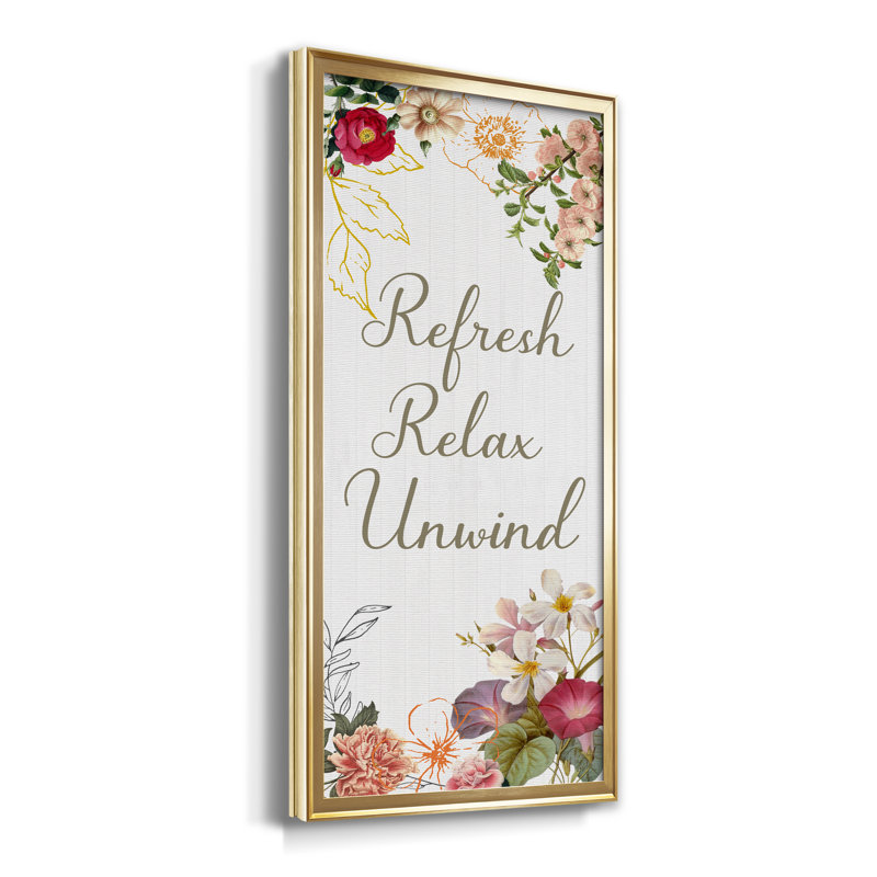 «Refresh, Relax, Unwind» - Reproduction d'art textuel sur toile encadrée, Doré, H 22,5 po x l 42,5 po x P 1,5 po