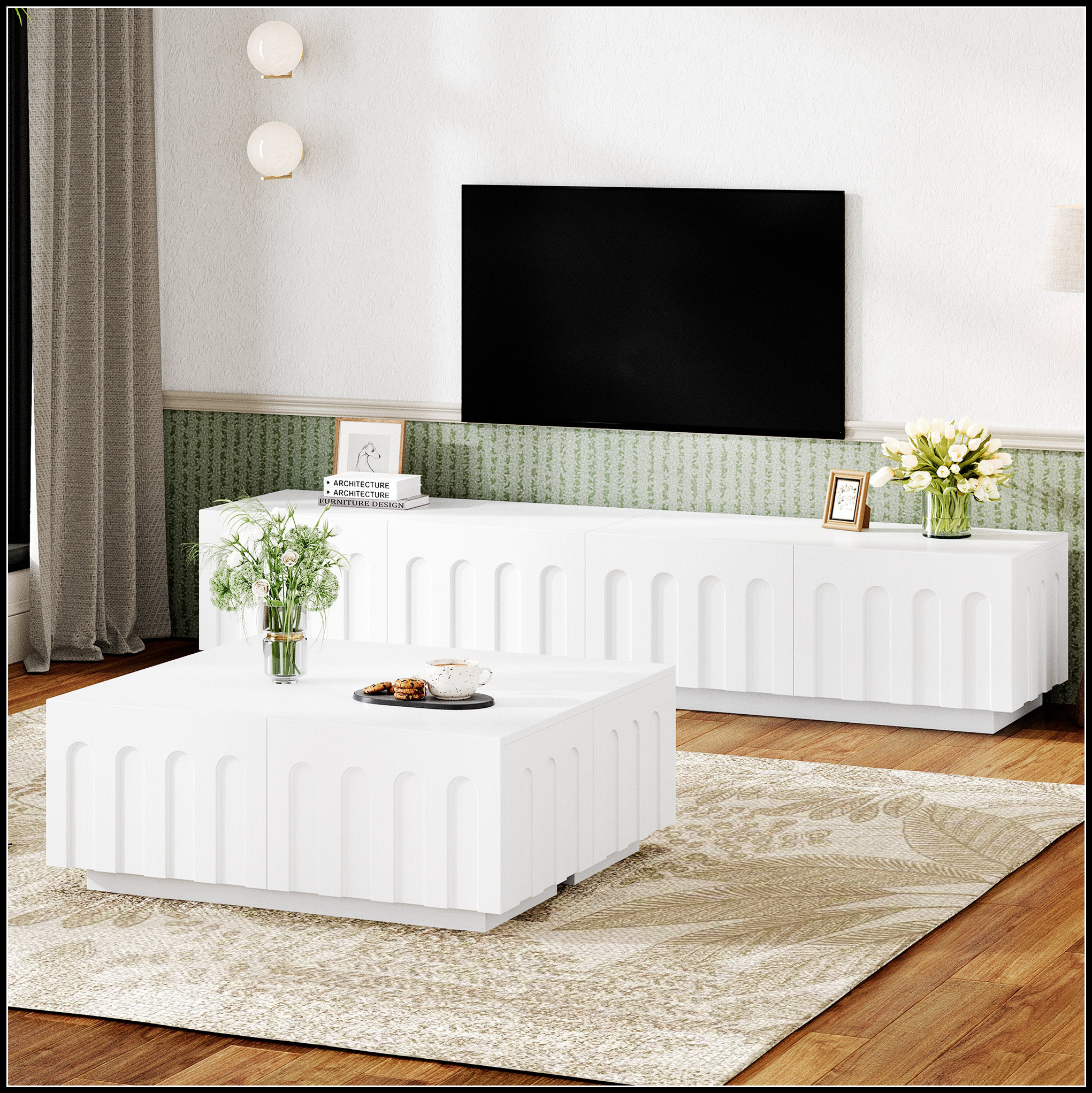 Ivy Bronx Elegant TV Stand & Coffee Table Set Of 2, Multi-Functional ...
