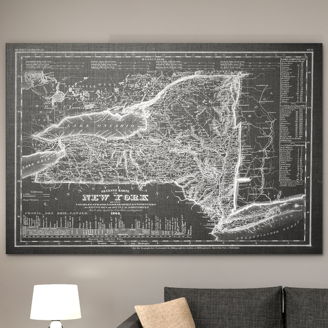 Vintage New York Map - Graphic Art Print on Canvas Wexford Home