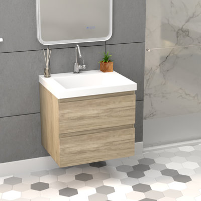 Meuble-lavabo mural de 24 po avec lavabo en pierre d'ingénierie en résine blanche, deux tiroirs avec glissières à fermeture en douceur dissimulées, finition blanc lustré, armoire flottante, à l'exception du robinet et du système de drainage