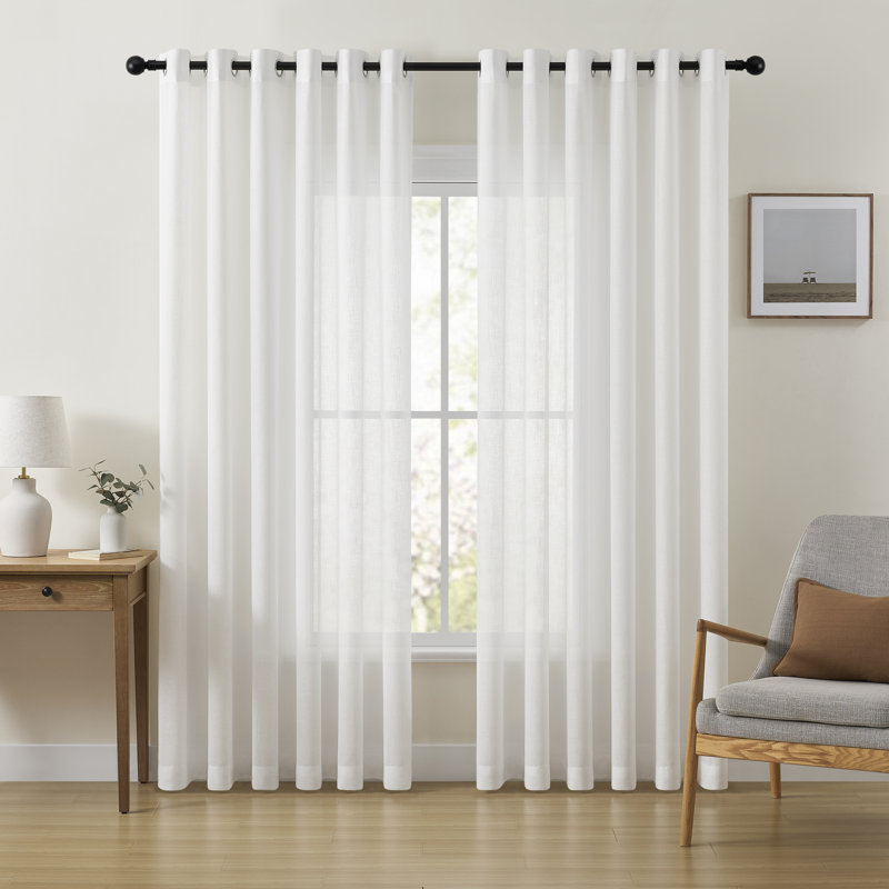 Polyester Semi Sheer Grommet / Eyelet Curtain Panel Pair, White