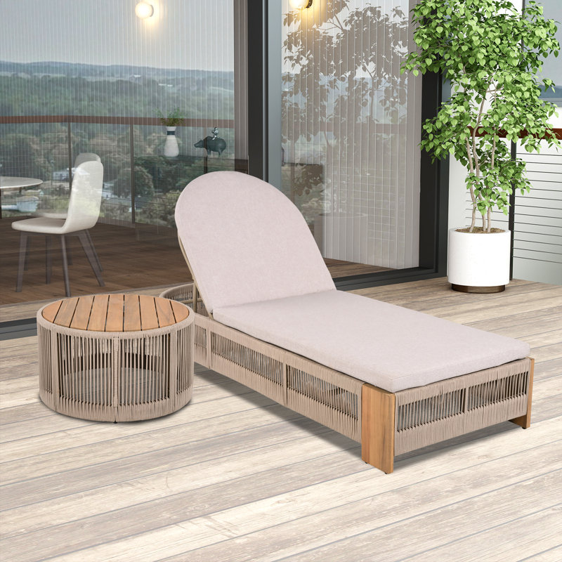 Chaise longue d'extérieur avec table d'appoint, Beige