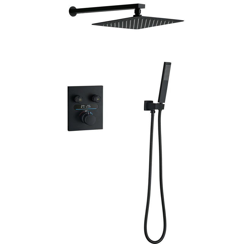 LCD Temperature Display Digital Shower System with 9.8" Rainfall Shower Head and Handheld Spray, Rough-in Valve, Matte Black