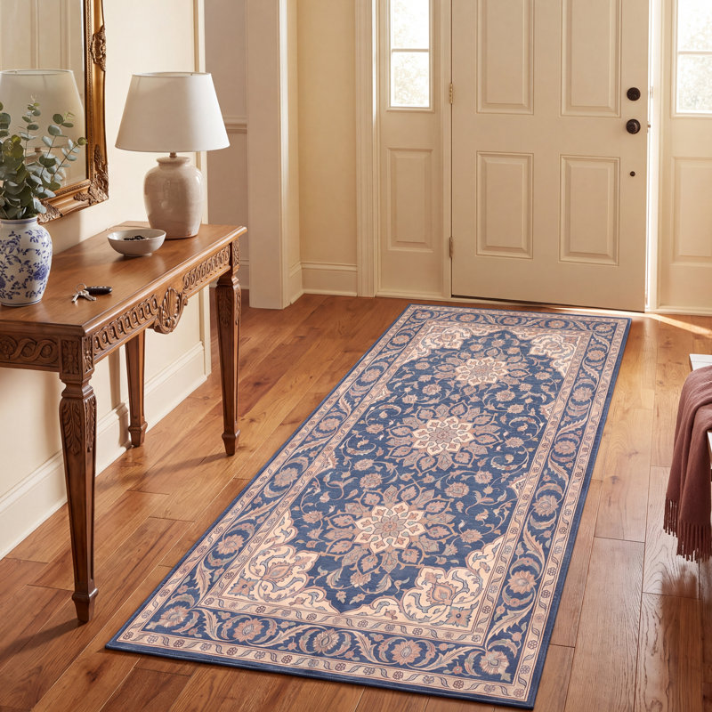 Tapis persan traditionnel audacieux en acacia, bleu marine, ivoire, or, vert et rose, lavable à la machine, antidérapant, à poils courts, adapté à l'intérieur et à l'extérieur, pour salon, chambre, salle à manger, entrée, couloir, bureau.