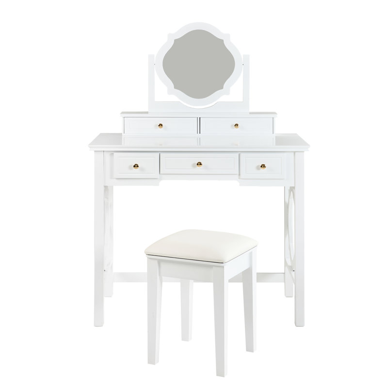 Space - Saving White Dressing Table With Four Leaf Reversible Mirror, Golden Handles, 5 Drawers For Cosmetics, Comfortable Seating Round Of Various Sizes, Stool