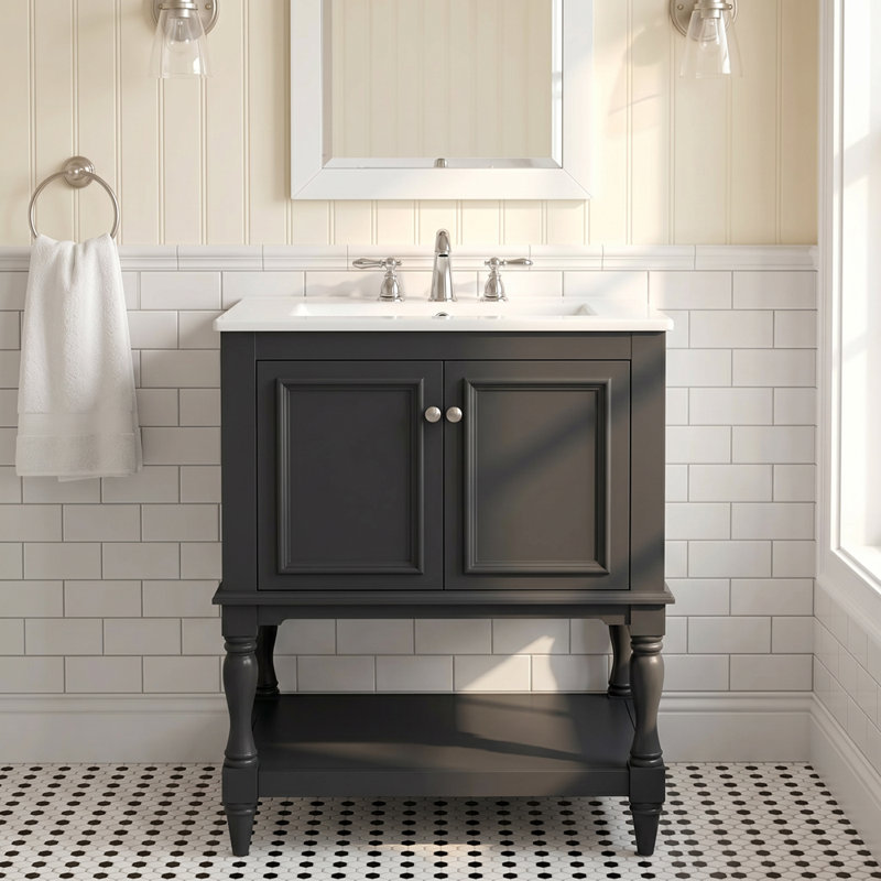Meuble-lavabo de salle de bain autoportant en bois massif 24 po + 24 po avec plateau ouvert et rangement fermé noir, Black