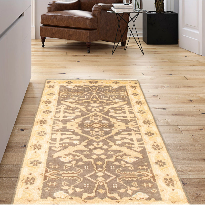 Tapis de couloir en laine noué à la main de conception unique noué à la main New Age 2 pi 7 po x 5 pi 10 po Tapis décoratif en gris foncé/beige