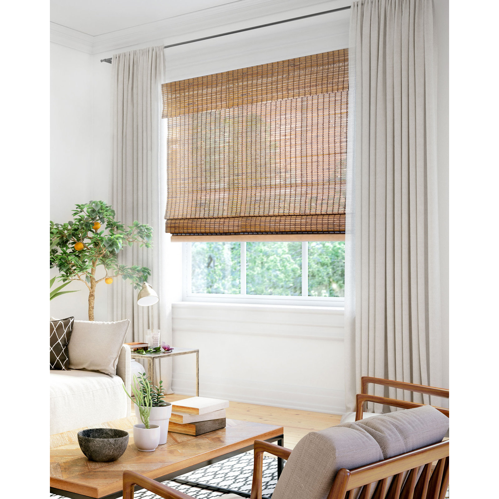 Cordless Light Filtering Woven Wood Bamboo Roman Shade with Valance, 23"W x 64"L, Beaver