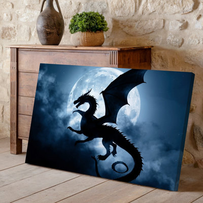 Canvas A Majestic Dragon With Intricate Scales And Elongated Wings Soars Wall Art Against A Dramatic Night Sky Illuminated By A Canvas Wall Art