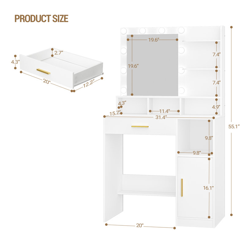 Vanity Desk with HD Mirror, Makeup Vanity with Led Lights,Dressing Table with Large Drawer and Storage Cabinet, 3 Lighting Modes Adjustable Brightness, Bedroom Dressing Table, White