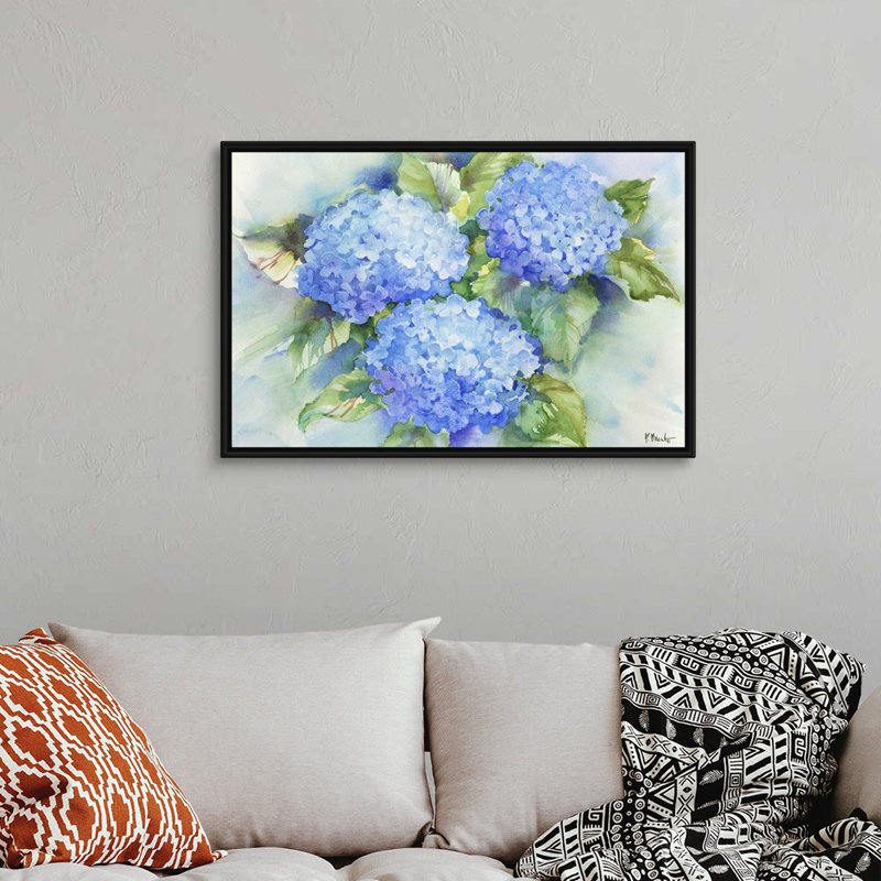 Art sur toile bleu ciel hortensia, Toile avec cadre noir, H 24 po x l 36 po x P 1,75 po