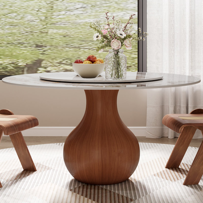 Ikerne Round Dining Table With Lazy Susan Vase-Shaped Solid Wood Pedestal, 29.5"H x 53.1"L x 53.1"W, Brown