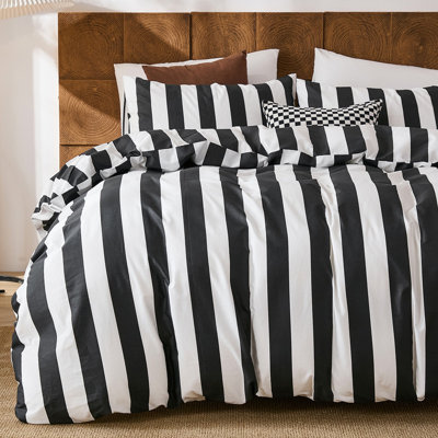 Ensemble de housse de couette à rayures noires et blanches grand format - ensemble de housse de couette 100% coton avec fermeture à glissière et 8 attaches de coin, ensemble de literie 3 pièces de luxe en lin pour toutes les saisons
