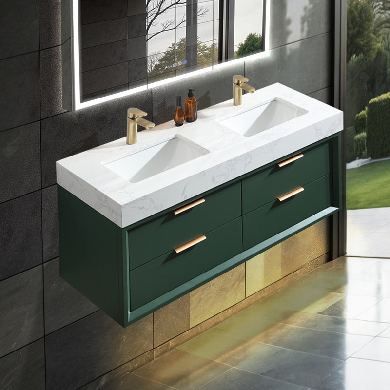 Meuble-lavabo mural simple en bois massif de 48 po avec comptoir en pierre et lumière, Vert