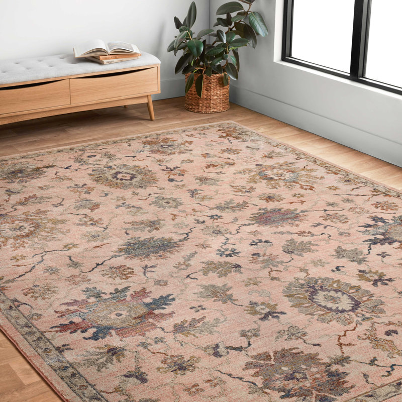Tapis de couleur rose / brun en laine, Rectangle 6 pi 3 po x 9 pi