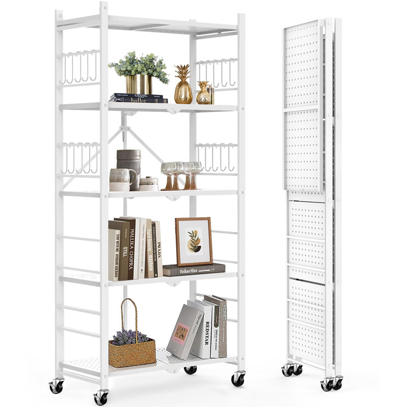 Tablettes de rangement avec 20 crochets, étagère de rangement pliante 5 niveaux, Blanc