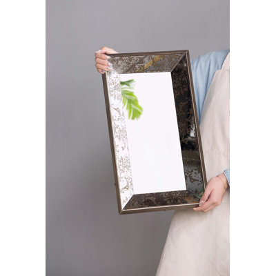 24" x 15" Antique Silver Rectangle Mirror with Floral Accents, Mirrored Display Tray, Hanging Wall Mirror