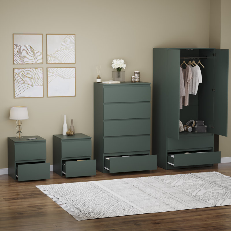 Tanino 4 Piece Bedroom Set (2 Drawer Large Bedside Chest, 5 Drawer Chest, 2 Door 2 Drawer Wardrobe), (6), Green