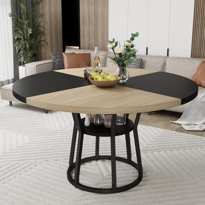 Round Dining Table for 4-6, 47.2" Farmhouse Kitchen Table with Storage, Circle Dinner Tables for Kitchen, Dining Room, Natural and Black