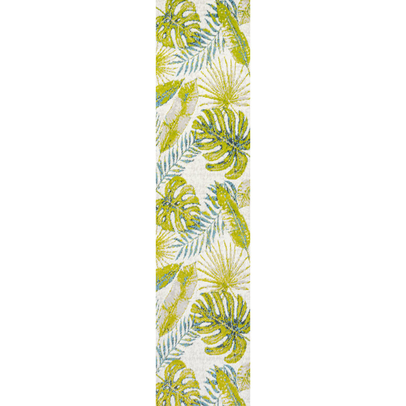 Marlinton Tropical Leaves Ivory/Green Rug, Runner 2' x 8'