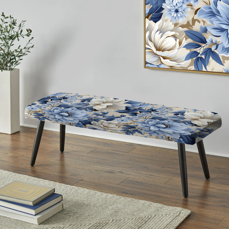 Motif floral bleu Vintage Whispers - Banc noir rembourré floral